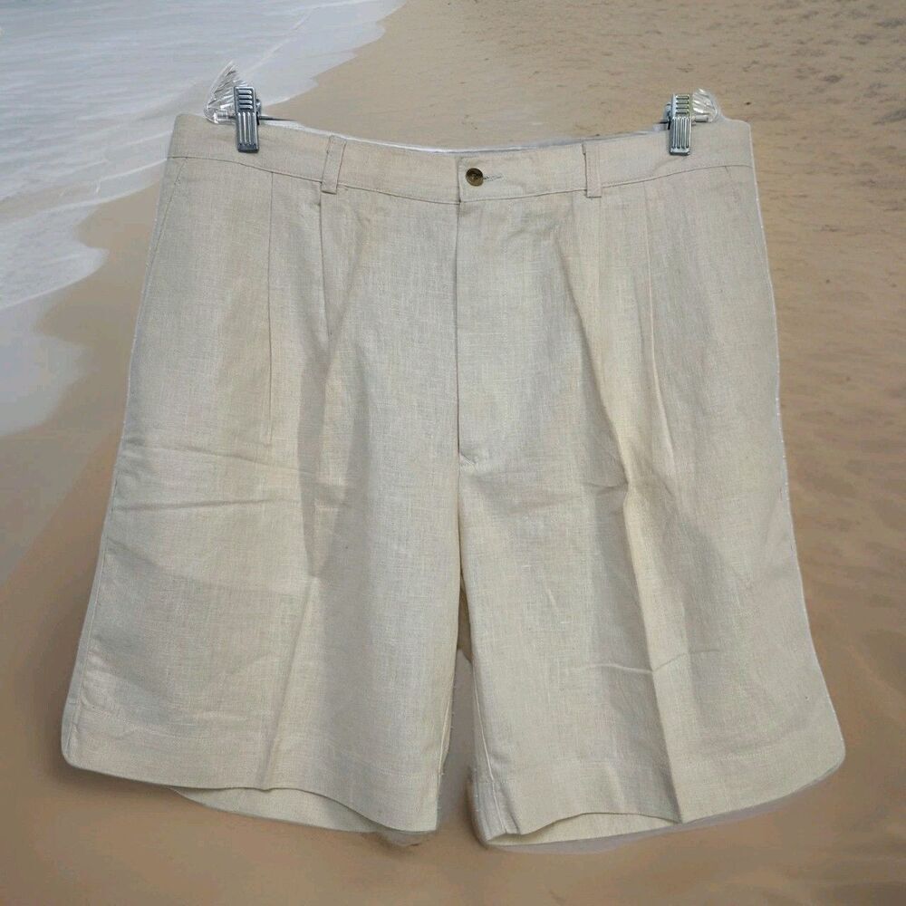 Perry Ellis Linen Blend Pleated Short Men's 40 Creamy Beige 9in-Insm 21in-Outsm